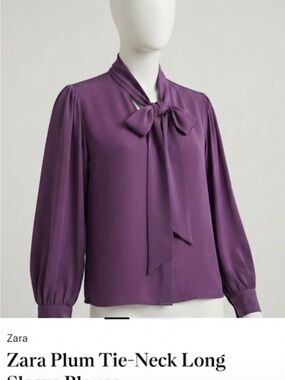 Zara Plum Tie-Neck Long Sleeve Blouse
